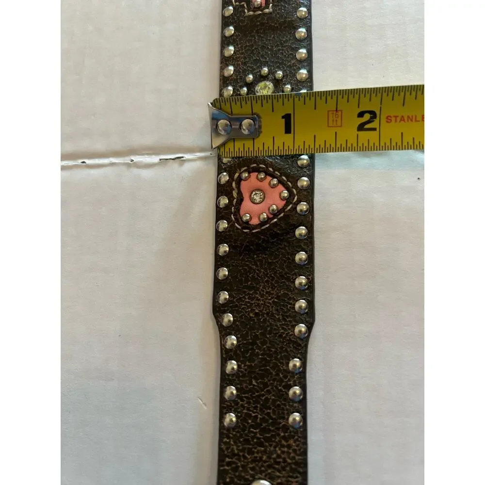 NOCONA Womens Western Belt Sz 28 Brown Leather‎ Studded Pink Heart Silver Buckle